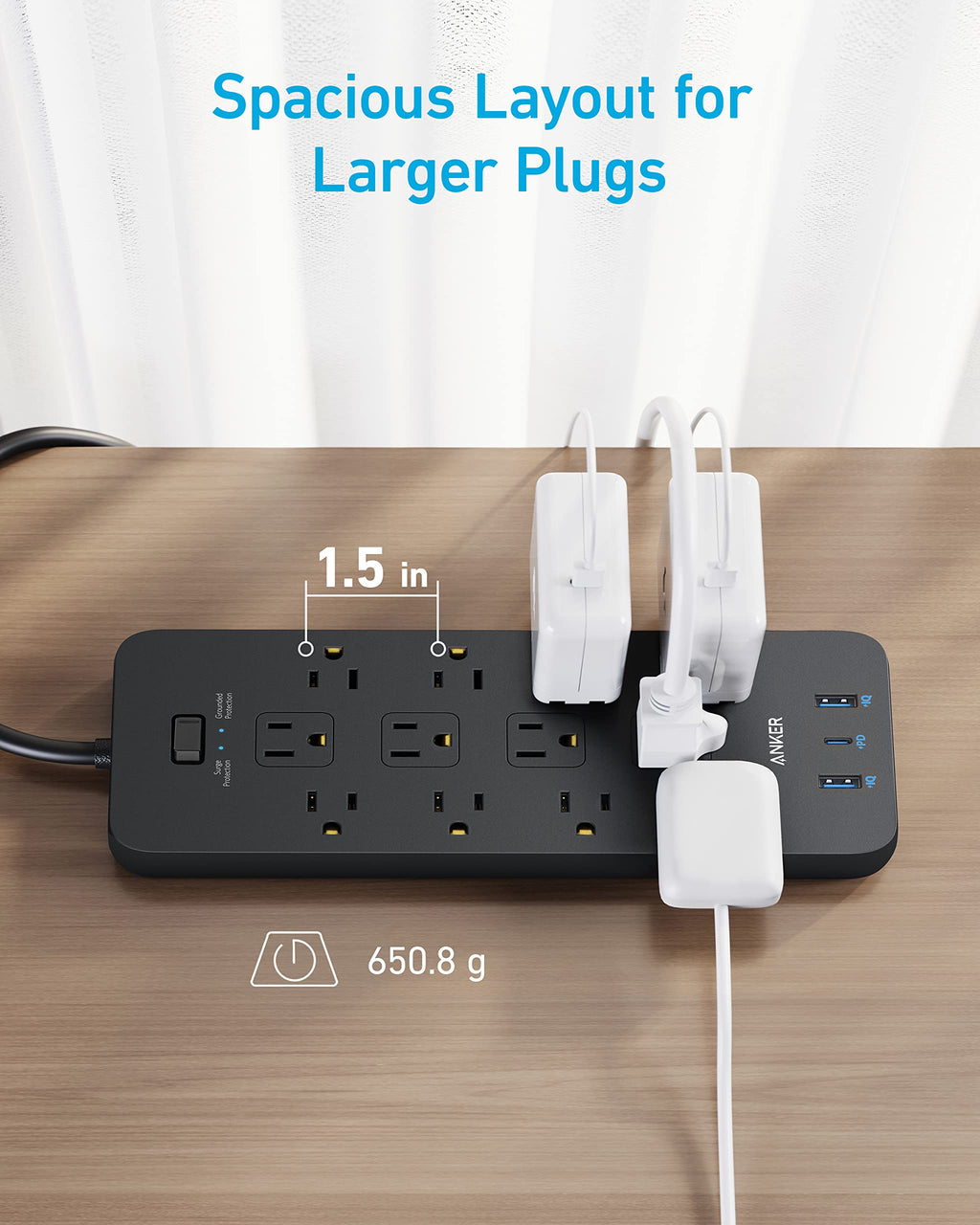 Anker power strip with spacious layout for larger plugs